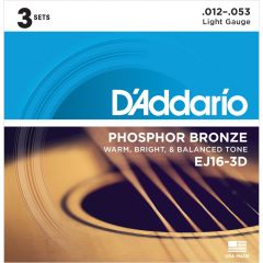 D'Addario EJ16 Phosphor Bronze Light Acoustic Guitar Strings, 12-53 3D Set