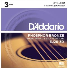D'Addario EJ26 Phosphor Bronze Custom Light Acoustic Guitar Strings, 11-52 3D Set